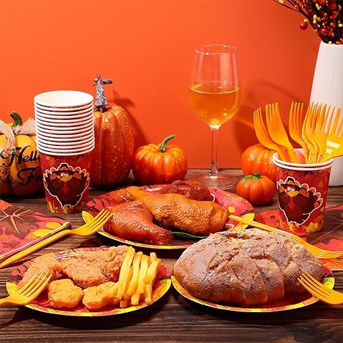 Sliner 180 Pcs Thanksgiving Disposable Dinnerware Set, Bright Turkey - Image 4