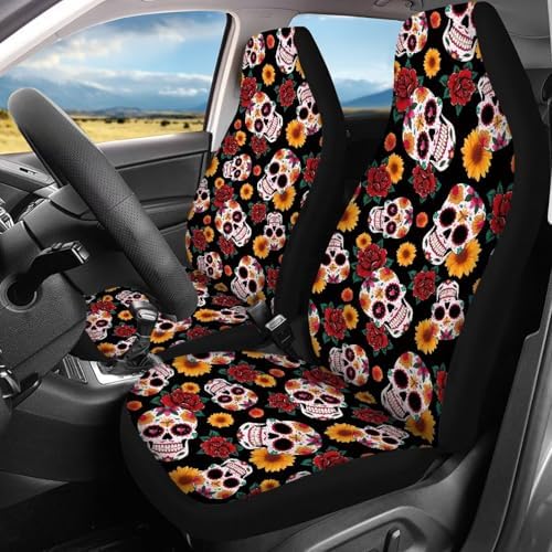 Gothic Skull Roses Car Seat Covers 4Pcs Front & Rear Breathable Seat Covers Universal Fits for Truck, Sedan, SUV Auto Interior Protector Car Accessories Halloween Decor