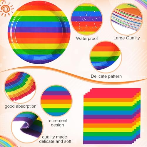 Funnymoom 452 Pcs 50 Guests Pride Party Supplies Decoration, Rainbow Pride Paper Plates Napkins Cups Tablecloth Cutlery Straws Gay Lgbt Disposable Tableware Sets for Rainbow Birthday Table Decoration - Image 3