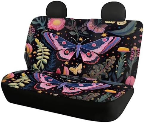 Pink Wild Forest Moth Butterfly Floral Car Seat Covers Starry Nights Fern Plants Flower Print Front Rear Seat Covers Auto Interior Decorative Auto Accessories Set of 4 for Cars,Trucks