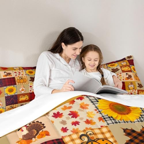 Vintage Fall Comforter Set Queen Size Pumpkin Maple Leaf Sunflower Bedding Set Kids Girls Rustic Farm Plants Quilt Set Teens Women Thanksgiving Turkey Gnome Duvet Insert 3Pcs Yellow Red Plaid - Image 5