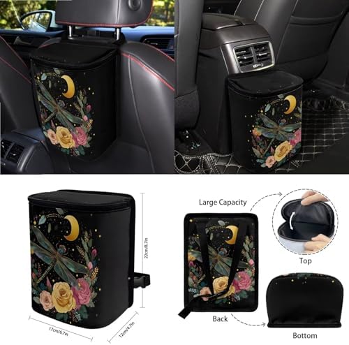Dragonfly Roses Floral Moon Print Car Seat Cover Sets Steering Wheel & Seat Belt Cover Trash Bin Air Vent Storage Box Front Rear View Mirror Cup Holder Keychain 15Pcs Car Accessories