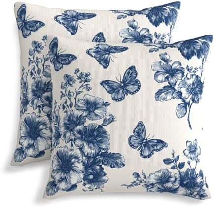 KiuLoam Navy Blue Floral and Butterfly Pillow Covers 16x16 Inch Set of 2, Vintage Chinoiserie Rustic Decorative Throw Pillows, Farmhouse Outdoor Square Cushion Cases for Sofa Couch Bed Home Decor by KiuLoam