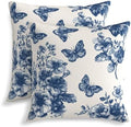 KiuLoam Navy Blue Floral and Butterfly Pillow Covers 20x20 Inch Set of 2, Vintage Chinoiserie Rustic Decorative Throw Pillows, Farmhouse Outdoor Square Cushion Cases for Sofa Couch Bed Home Decor by KiuLoam