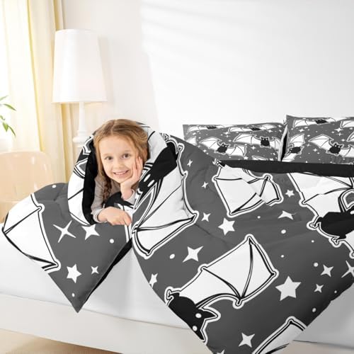 Feelyou Halloween Bedding Set for Girls Boys Kids Twin Size Black Bats Animal Print Silhouette Comforter Cover Room Decor Happy Holiday Cute Star Print Luxury Duvet Cover Gray Quilt Set - Image 6