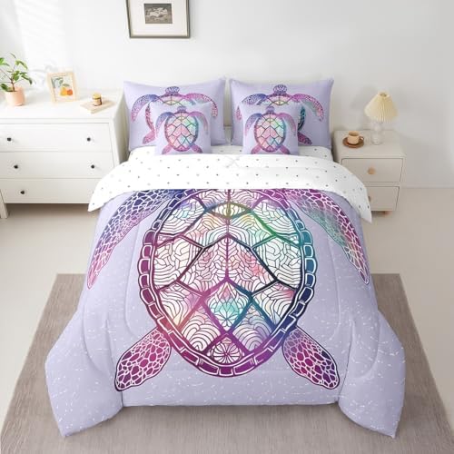 Sea Turtle Comforter Set,7 Pieces Tropical Ocean Sealife Full Bed in a Bag,Abstract Tortoise Coastal All Season Bedding Sets with 1 Comforter,1 Flat Sheet,1 Fitted Sheet,2 Pillowcase and 2 Pillow Sham - Image 3