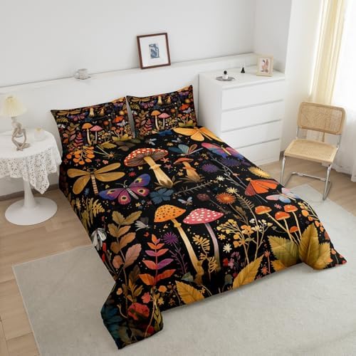 Feelyou Mushroom Bedding Set Queen Size Boho Comforter Set for Kids Boys Girls Death Moth Comforter Flowers and Plants Duvet Set - Image 3