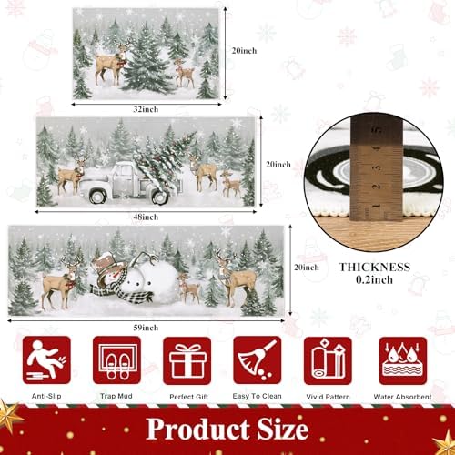 U'Artlines Christmas Kitchen Rugs and Mats Set of 3,Xmas Tree Snowman Deer - Image 2
