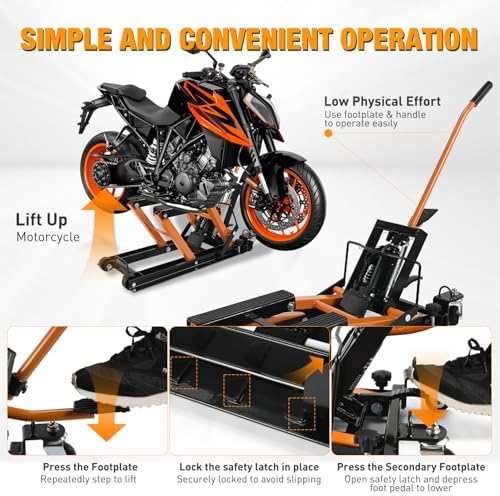 Nilight Motorcycle Lift Jack 1500 LBS Hydraulic Lifts ATV Scissor Jacks with Wheel Foot Pedal Handle Ratchet Belt Heavy Duty Lifter Stand Hoist Table for Dirt Bike Garage Storage Repair Tool,Orange - Image 3