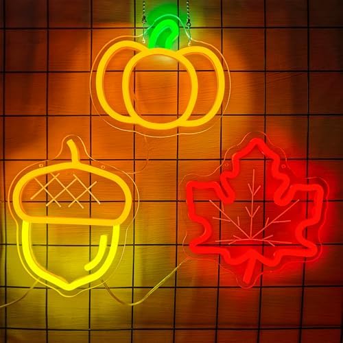 Thanksgiving Neon Signs for Wall Decor 3-Piece Fall Window Lights Dimmable Maple Leaf Acorn Pumpkin Led Sign Fall Autumn Harvest Neon Gifts Decorations - Image 4