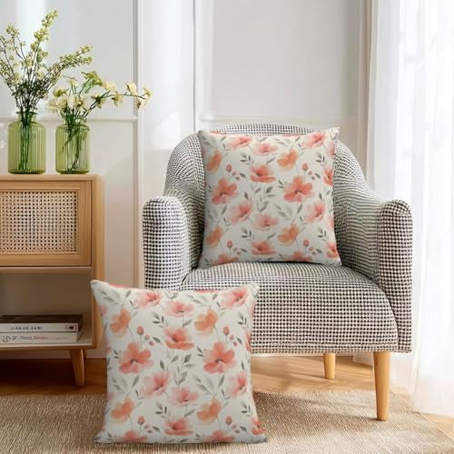 KiuLoam Spring Peach Floral Pillow Covers 22x22 Inch Set of 2, Coral Pink Watercolor Flower Rustic Decorative Throw Pillows, Farmhouse Outdoor Square Cushion Cases for Sofa Couch Bed Home Decor - Image 3