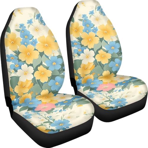 Daisy Car Seat Covers 2PCS Full Set, Rural Flower Field Marigold Universal Car Seat Protectors Auto Interior Decor, Countryside Marigold Interior Accessories Truck Van SUV