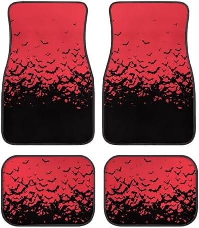 Red Black Bat Print Funny Halloween Car Floor Mats 4 PCS, Cute Durable Interior Accessories for Car SUV, All Weather Floor Mats with Front Rear Trunk Liners Set for Party