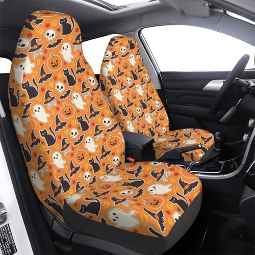 Delerain Car Seat Covers Set 2Pcs, Pumpkin Black Cat, Universal Front Car Seats Vehicle Enterior Protector Suitable Fits Most Car Auto SUV Sedan Truck