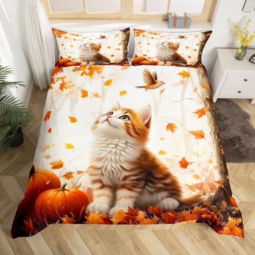 Erosebridal Kids Cat King Size Comforter Cover, Fall Harvest Bedding Set for Girls Boys Teens Room Decor, Autumn Fall Maple Leaf Duvet Cover Bird Rustic Farmhouse Bed Cover with 2 Pillow Cases - Image 4