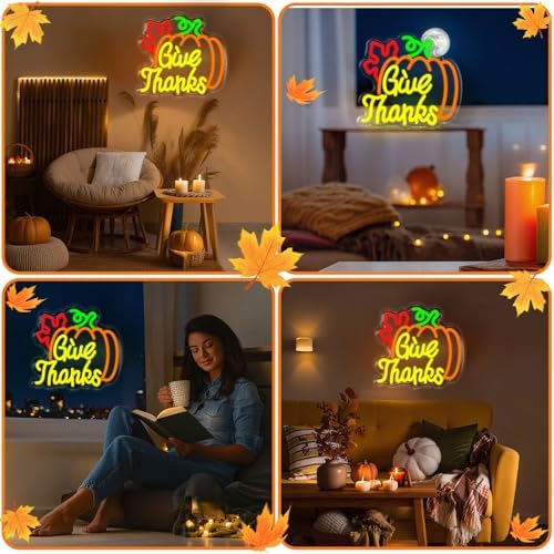 Pumpkin Give Thanks Neon Sign Neon Light Thanksgiving Decorations Give Thanks Neon Sign Window Lights Fall Decor LED USB Pumpkin Lights for Bar Table Living Room Wall Kitchen Mantel - Image 6