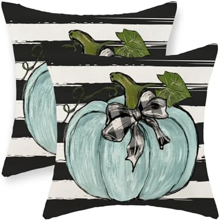Fall Pillow Covers 18x18 Inch Pack of 2 Teal Blue Pumpkin Leaf Stripes Fall Decor Pillowcase Autumn Thanksgiving Decorative Outdoor Throw Pillow Covers Linen Farmhouse Cushion Case for Sofa Home by Gohdiwh