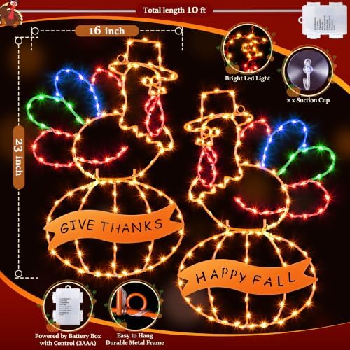 2 Pcs Large Thanksgiving Window Lights Turkey Decorations, Fall Decor Window Lights, LED Turkey Pumpkin Light 2026 Thanksgiving Decor with Timer & 8 Mode & Battery Operated(Yellow Red,23") - Image 2