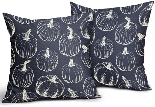 Dark Blue Fall Pumpkin Pillow Covers 18x18 Set of 2 Autumn Themed Thanksgiving Cream Print Decorative Throw Pillows Outdoor PillowCase Farmhouse Linen Cushion Case Decor for Home Sofa Couch Bed - Image 2