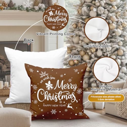 Lanpn Christmas Throw Pillow Covers 18x18 Set of 4, Merry Christmas Winter Xmas Snowflake Decorative Holiday Cushion Pillow Cases 18 x 18 for Outdoor Indoor Farmhouse Home Room Couch Decor (Brown) - Image 6