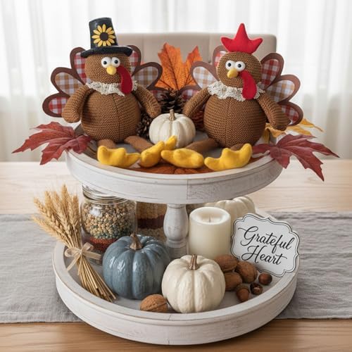 Thanksgiving Decorations Set of 2 Turkeys with Dangling Legs, Turkey Couple Doll Plush Kit Tabletop Centerpieces for Fall Harvest Home Decor Kitchen Shelf - Image 3