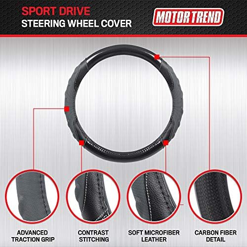 Motor Trend GripPlus Black Carbon Fiber Steering Wheel Cover, Standard 15 inch Size, Advanced Traction Grip, Car Steering Wheel Cover for Truck Van SUV Auto