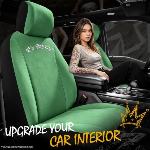 ED HARDY Car Seat Covers, Green Soft Short Plush & Silver Diamond Graphic