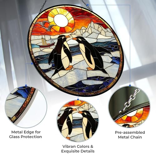 Mosaic Penguin Stained Glass Window Hangings Stained Glass Suncatcher Birthday Gift for Mom Grandma Teacher Women Friend Memorial Hook 7.8" - Image 2