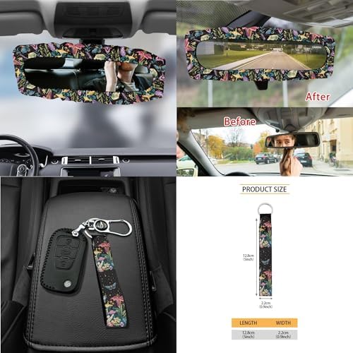 Butterfly Mushroom Floral Print 15Pcs Car Seat Cover Full Set Car Steering Wheel Cover Seat Belt Cover Trash Bin Air Vent Storage Box Front Rear View Mirror Car Cup Holder Keychain