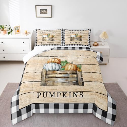Homewish Geometric Plaid Quilt Set King Size,Rustic Farmhouse Barn Comforter for Men Women Bedroom Decor,Thanks Giving Day Themed Bedding Halloween Style Bedspread 3pcs with 2 Pillowcases - Image 4
