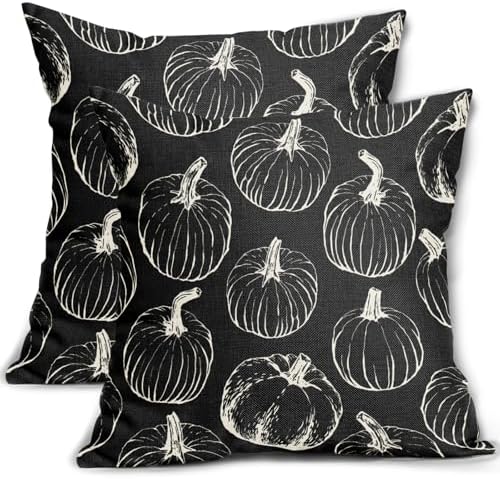 Black Fall Pumpkin Pillow Covers 20x20 Set of 2 Autumn Themed Thanksgiving Cream Print Decorative Throw Pillows Outdoor Pillowcase Farmhouse Linen Cushion Case Decor for Home Sofa Couch Bed by Aytipun