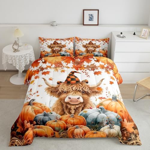 Feelyou Fall Bedding Set for Girls Boys Kids King Size Maple Leaves Pumpkin Comforter Cover Room Decor Highland Cow Duvet Cover Orange White Quilt Set by Feelyou