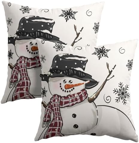 Sweetshow Winter Black Snowman Pillow Covers 12x12 Inches Xmas Snowflake White Throw Pillow Case Set of 2 Xmas Pillows Cotton Linen Cushion Cover for Home Couch Sofa Livingroom by Sweetshow