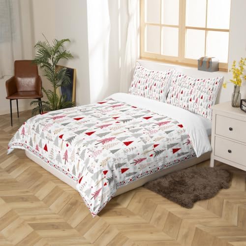 Merry Christmas Kids Duvet Cover Set Queen Size,Cartoon Pine Trees Rustic Farmhouse Bedding Set,Girls Boys Adults Room Decor,Snowflake Xmas Comforter Cover,Red Romantic Quilt Cover,2 Pillowcases - Image 5