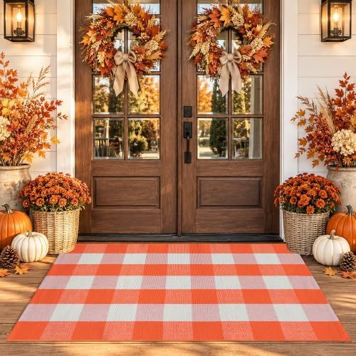 Orange and White Plaid Rug, 28'' x 43'' Fall Front Door Decor Mat, Cotton Washable Hand-Woven Door mat for Layered Doormat, Autumn Halloween Thanksgiving Carpet for Porch, Entryway by Homydecor