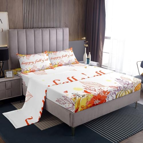 Watercolor Fall Pumpkin Bed Sheets ,Happy Harvest Thanksgiving Sheet Set For King Bed,Autumn Maple Leaf Botanical Bedding Set Fall Rustic Farmhouse Fitted Sheet Orange Flat Sheet 2 Pillow Cases - Image 2