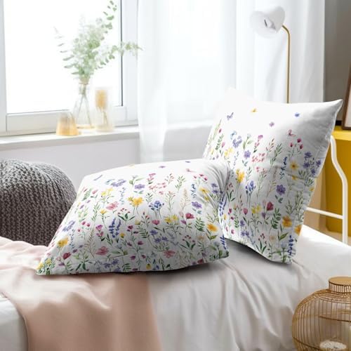 Spring Floral Throw Pillow Covers 24X24 Inches Set of 2 Watercolor Yellow Pink Purple Flowers Leaf Print Butterflies Pillowcase Soft Cotton Square Seasonal Cushion Covers for Living Room Sofa Decor - Image 6