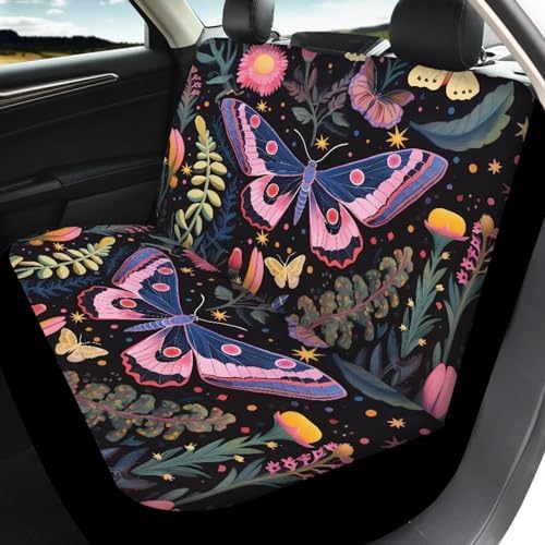 Pink Wild Forest Moth Butterfly Floral Car Seat Covers Starry Nights Fern Plants Flower Print Front Rear Seat Covers Auto Interior Decorative Auto Accessories Set of 4 for Cars,Trucks