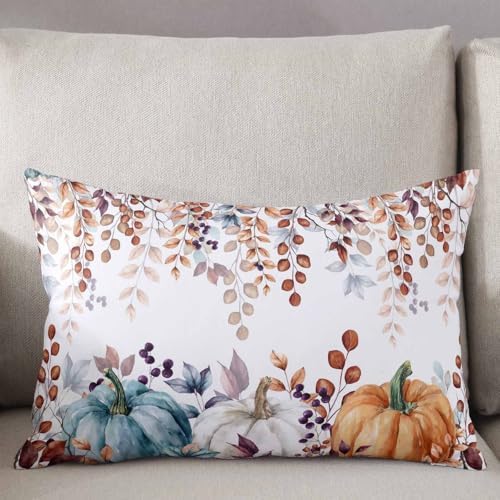 Pillow Covers 16x24 Inch Fall Watercolor Pumpkin and Brown Eucalyptus Leaves Soft Brushed Microfiber Pillowcases with Hidden Zipper Closure Bed Pillow Shams for Bedroom Sofa Car - Image 2