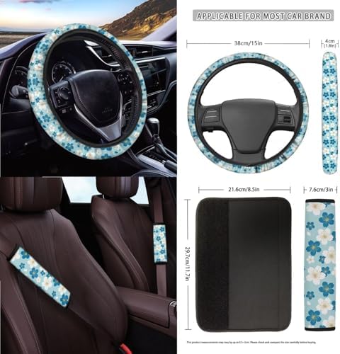 White Blue Cherry Blossom Pattern Car Seat Covers 15Pcs Full Set Car Steering Wheel Cover Seat Belt Cover Trash Bin Air Vent Storage Box Rear View Mirror Car Cup Holder Keychain