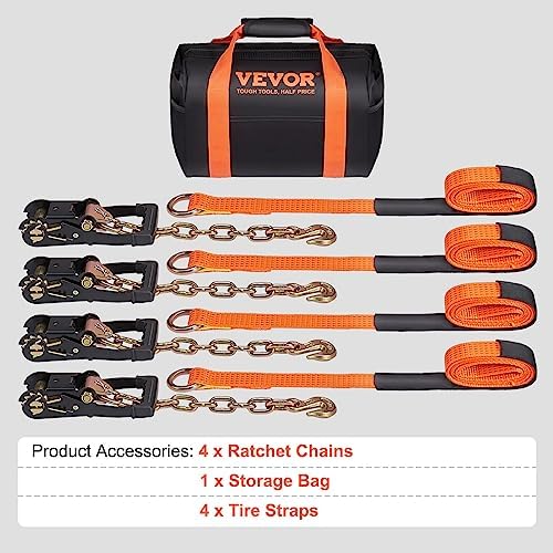 VEVOR Car Tie Down with Chain Anchors, Lasso Style 2"×120" Tire Straps, 5865 LBS Working Load, 11023 LBS Breaking Strength, with Heavy Duty Ratchets for Passenger Car, ATV, SUV, UTV, Truck, 4-Pack