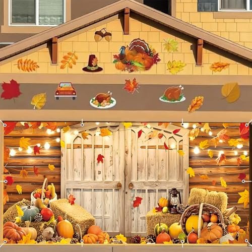 Fall Thanksgiving Garage Door Cover Banner 7x16ft Autumn Pumpkin Harvest Barn Backdrop Decorations Background Hanging Party Wall Decor for Outdoor Home Yard - Image 2
