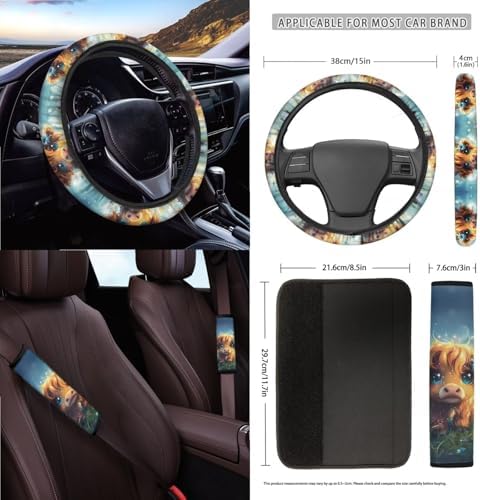 Cute Cattle Floral Print Car Seat Covers 15Pcs Full Set Car Steering Wheel Cover Seat Belt Cover Trash Bin Air Vent Storage Box Rear View Mirror Car Cup Holder Keychain