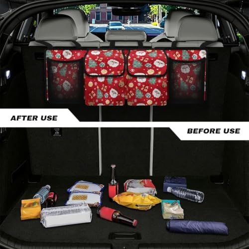Cute Santa Christmas Gift Print Car Trunk Organizer Car Backseat Storage Bag with 4 Pockets Hanging Trunk Cargo Storage Universal Auto Accessories for Sedans SUV Trucks Van