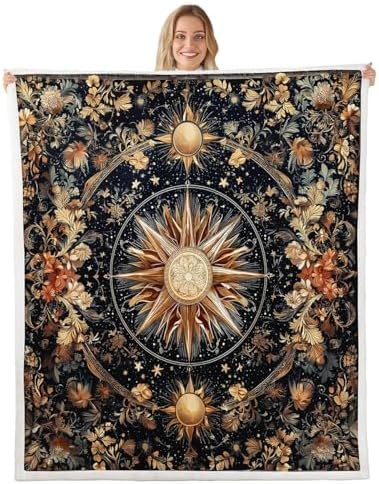 Boho Sun Moon Sherpa Blanket Mysterious Galaxy Throw Blanket Bedroom Living Room Soft Cozy Retro Flowers Plant Blankets Decor for Bed Couch Sofa Black Gold Flannel Blankets 40"x50" by CastleFairy