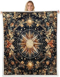 Boho Sun Moon Sherpa Blanket Mysterious Galaxy Throw Blanket Bedroom Living Room Soft Cozy Retro Flowers Plant Blankets Decor for Bed Couch Sofa Black Gold Flannel Blankets 40"x50" by CastleFairy