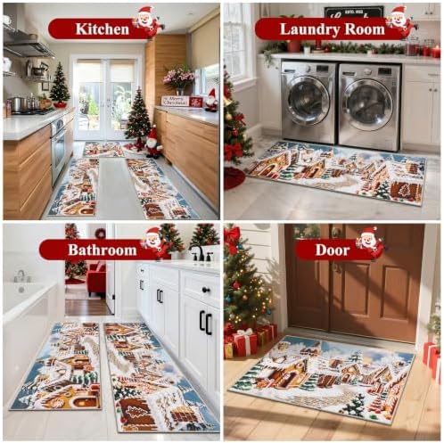 U'Artlines Christmas Kitchen Rugs and Mats Set of 3, Gingerbread Village - Image 5