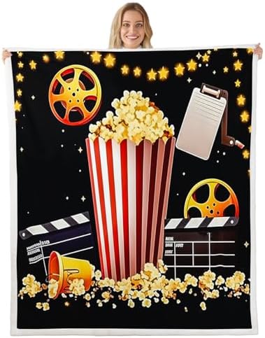 Movie Theater Film Throw Blanket Vintage Cinema Popcorn Fleece Flannel Blankets Kids Boys Girls Room Decor Family Home Theater Bed Blankets for Bed Sofa Couch Black Yellow Red Plush Blanket 40"x50" by CastleFairy