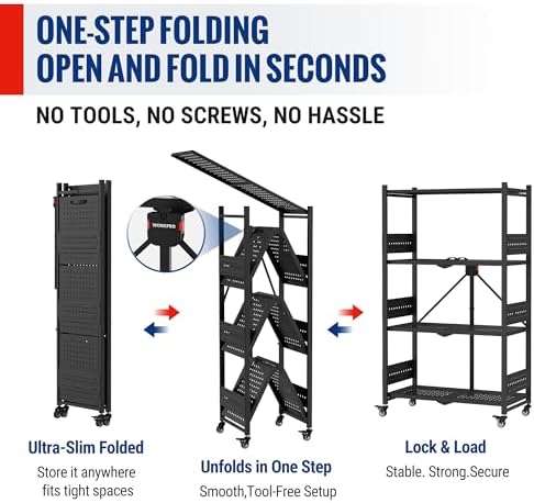 WORKPRO 4-Tier Folding Shelf, No-Assembly Metal Storage Rack with Wheels, 600 lbs Capacity (with Leveling Feet), Collapsible Shelving Unit for Kitchen, Pantry, Bathroom & Closet Organization - Image 5