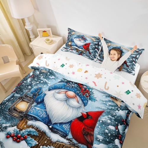 Manfei Kawaii Santa Claus Kids Duvet Cover Set Queen Size,Poinsettia Cardinal Christmas Birds Bedding Set,Holly Berries Winter Snowflake Room Decor,Blue Red Quilt Cover,2 Pillowcases(No Comforter) by Manfei